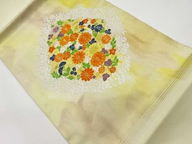 JAPANESE KIMONO / VINTAGE  HIRAKI NAGOYA OBI / WOVEN RHOMBUS  & AUTUMN FLOWER